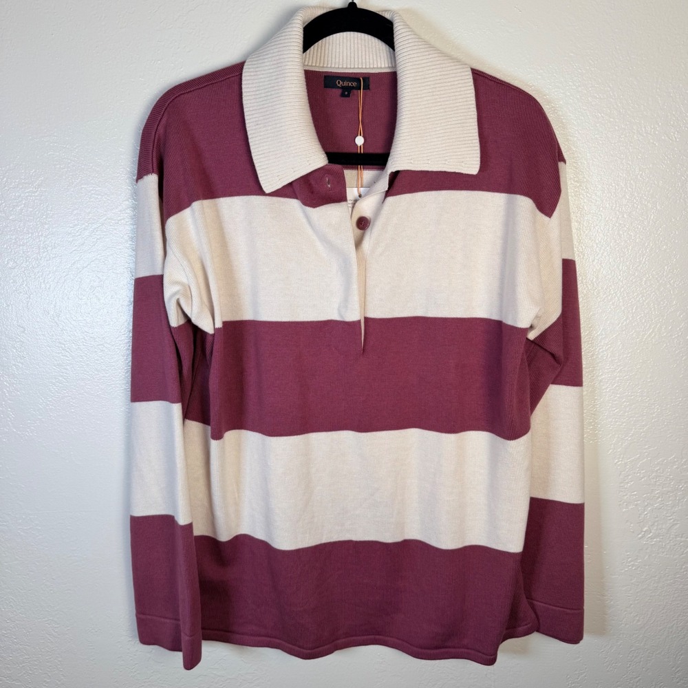 New Quince Women's S Cotton Cashmere Rugby Polo Sweater Bone Crushed Berry